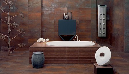 modern bathroom with wood flooring