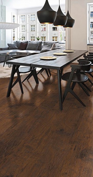 dark wood kitchen table on laminate flooring