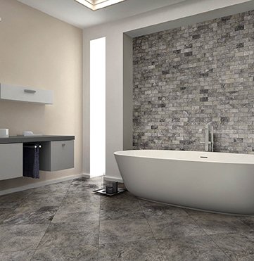 brick shower and tub with tile flooring